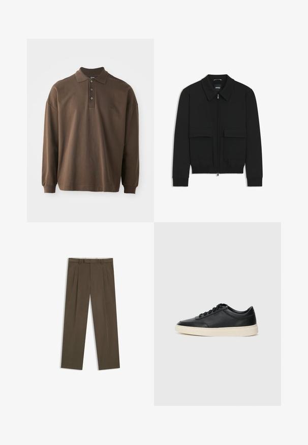 Musta pommikohva takki, jossa on kauluskulli, vetoketju etupuolella ja kaksi suurta läpällistä taskua. Varustettu ribbireunuksilla hihoissa ja helmassa, valmistettu teksturoituneesta kankaasta.; Ruskea pitkähihaisella polo-paidalla, jossa on kauluspaita, kolme nappia ja ribbid käsivarret. Valmistettu pehmeästä puuvillamateriaalista, jossa on rento istuvuus.; Ruske pleated hameet, valmistettu puuvilla-sekoitekankaasta. Ominaisuuksia ovat suora leikkaus, vyölenkit ja sivutaskut. Sileä pinta, jossa on minimaalinen yksityiskohtaisuus.; Musta matalavartinen nahkastretchu, jossa on mustat nauhat ja vaaleanharmaa pohja, esitetty sivuprofiilissa valkoista taustaa vasten.