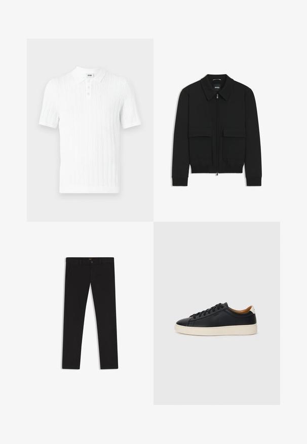Veste bomber noire avec col, fermeture éclair à l'avant et deux grandes poches à rabat. Dotée de poignets et d'un bas côtelés, fabriquée en tissu texturé.; Polo shirt blanc à manches courtes en tissu tricoté texturé, avec un col et une patte de boutonnage à trois boutons, présentant un fin motif de côtes verticales.; Pantalon noir en tissu à texture lisse. Dispose d'une fermeture à bouton, de passants de ceinture et de poches latérales. Conception standard à jambe droite.; Baskets en cuir noir avec une texture lisse, semelle en caoutchouc beige, design à lacets et accent de talon contrasté.