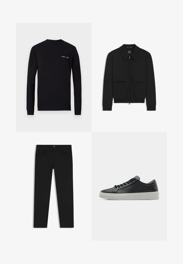 Schwarze Bikerjacke mit Kragen, Reißverschluss vorne und zwei großen Taschen mit Klappen. Mit Rippstrickbündchen und Saum, aus strukturiertem Stoff gefertigt.; Schwarzes Langarm-T-Shirt aus Baumwolle, mit Rundhalsausschnitt und doppeltem weißen "SAMSØE"-Logo-Druck im linken Brustbereich.; Schwarze Denim-Hosen mit geradem Schnitt, ausgestattet mit einem Standardbund, fünf Taschen und einem Knopfverschluss. Angenehme, glatte Textur.; Schwarze Ledersneaker mit glatter Textur, runder Zehenform und schwarzen Schnürsenkeln. Verfügt über eine dicke, weiße Gummisohle mit subtilen geometrischen Akzenten.