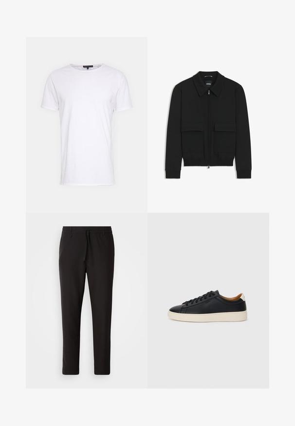 Giacca bomber nera con colletto, chiusura a zip frontale e due grandi tasche con patta. Presenta polsini e orlo a costine, realizzata in tessuto testurizzato.; T-shirt bianca in cotone con scollo rotondo, maniche corte e taglio dritto. Presenta una texture semplice e liscia, senza ulteriori motivi.; Pantaloni jogger neri realizzati in tessuto liscio. Presentano una vita elasticizzata con stringa, gambe affusolate e senza tasche visibili. Design semplice.; Sneakers in pelle nera con una texture liscia, suola in gomma beige, design con lacci e un accento del tacco in contrasto.