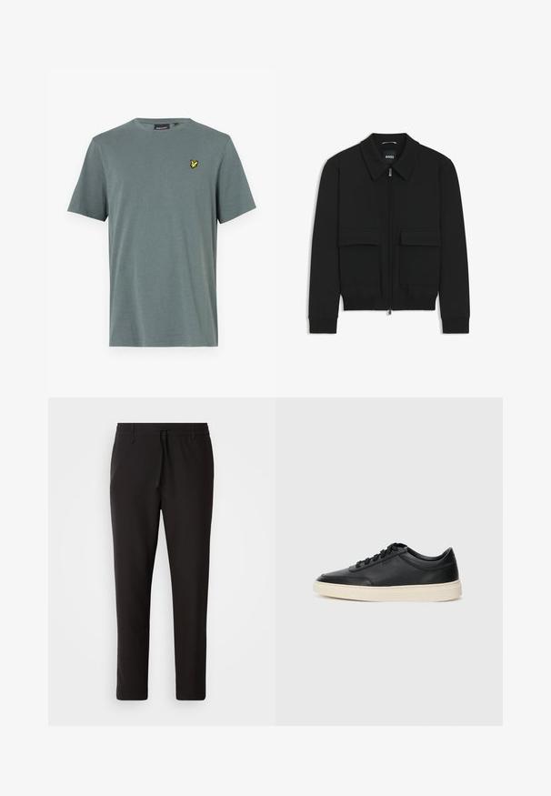 Black bomber jacket with a collared neck, zip front, and two large flap pockets. Features ribbed cuffs and hem, made of textured fabric.; Gray short-sleeve t-shirt made of soft fabric featuring a yellow embroidered logo on the left chest. Round neckline with a standard fit.; Black jogger pants made of smooth fabric. Feature an elastic waistband with a drawstring, tapered legs, and no visible pockets. Simple design.; Black low-top leather sneaker with black laces and off-white sole shown in side profile on white background.
