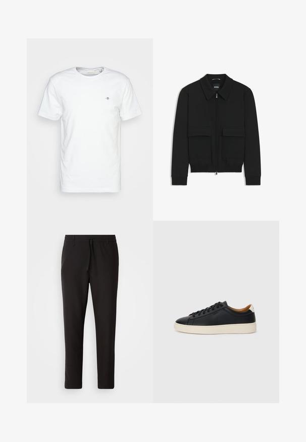 Zwarte bomberjack met een kraag, rits aan de voorkant en twee grote klepzakken. Heeft geribde manchetten en onderrand, gemaakt van textuurstof.; Witte katoenen T-shirt met ronde hals en korte mouwen, met een klein logo op de borst en een gladde, schone textuur.; Zwarte joggingsbroek van gladde stof. Kenmerkt zich door een elastische tailleband met een trekkoord, taps toelopende benen en geen zichtbare zakken. Eenvoudig ontwerp.; Zwarte leren sneakers met een gladde textuur, beige rubberen zool, vetersluiting en een contrasterende hielaccent.