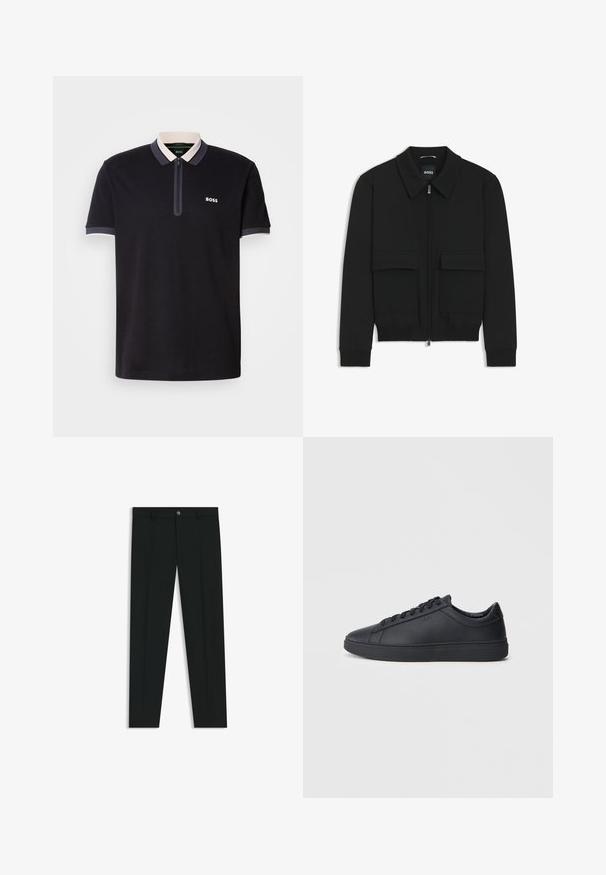 Musta pommikohva takki, jossa on kauluskulli, vetoketju etupuolella ja kaksi suurta läpällistä taskua. Varustettu ribbireunuksilla hihoissa ja helmassa, valmistettu teksturoituneesta kankaasta.; Mustapaita, joka on valmistettu puuvillasta ja jossa on vetoketjukaulus. Ominaisuuksiin kuuluu kontrastivärinen valkoinen ja harmaa kauluksen reuna. "BOSS"-logo vasemmalla puolella.; Musta housut, joissa on suora lahje, valmistettu sileästä kankaasta. Edessä nappisulku ja vyölenkit. Yksinkertainen ilman kuvioita.; Mustat lenkkarit, jotka on valmistettu sileästä nahasta, matalalla varrella, pyöreällä varvalla ja tasaisella kumipohjalla. Varusteena nauhat ja huomaamaton brändäys.