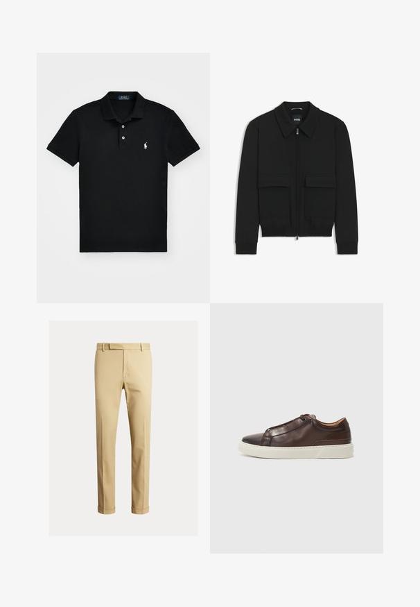 Black bomber jacket with a collared neck, zip front, and two large flap pockets. Features ribbed cuffs and hem, made of textured fabric.; Black polo shirt made of cotton, featuring a classic collar, three-button placket, short sleeves, and a white logo on the left chest.; Khaki chinos made of smooth cotton fabric, featuring a fitted design, front pleats, and cuffs at the ankle for a tapered look.; Brown leather sneaker with a rounded toe, contrasting white rubber sole, stitched accents, and no visible laces. Smooth texture overall.