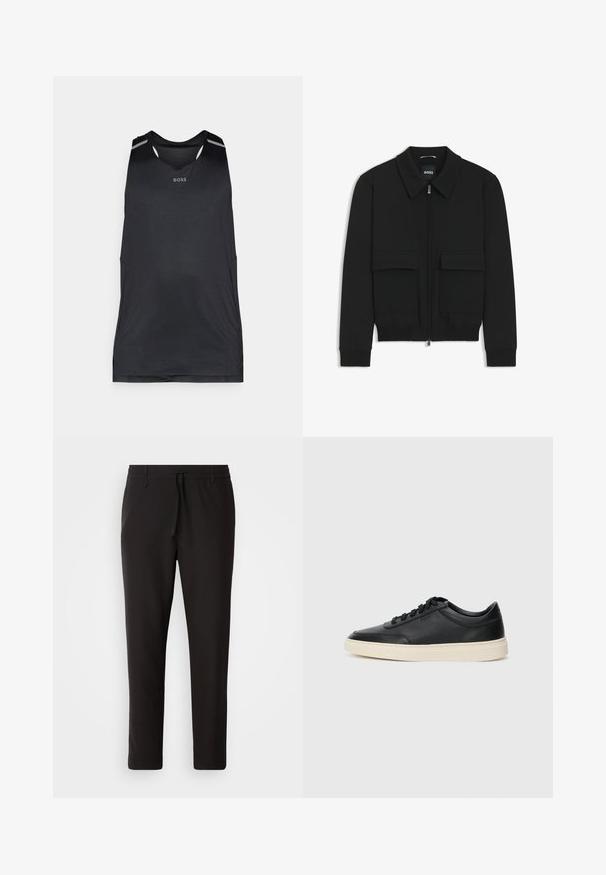 Black bomber jacket with a collared neck, zip front, and two large flap pockets. Features ribbed cuffs and hem, made of textured fabric.; Black athletic tank top made of lightweight fabric, featuring a round neckline, perforated texture, and tonal accents on the shoulders.; Black jogger pants made of smooth fabric. Feature an elastic waistband with a drawstring, tapered legs, and no visible pockets. Simple design.; Black low-top leather sneaker with black laces and off-white sole shown in side profile on white background.
