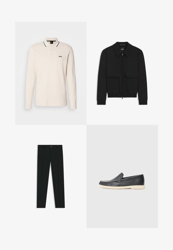 Svart bomberjacka med krage, dragkedja framtill och två stora klafffickor. Har ribbade mudd och nederkant, tillverkad av strukturerad tyg.; Krämfärgad långärmad polo med knäppning, svart och vit randig krage, och svart "BOSS"-logotyp på vänster bröst.; Svarta dressbyxor med rak bendesign, gjorda av ett mjukt tyg. Har stängning med frontknapp och bälteshällor. Enfärgade utan mönster.; Svarta läder slip-on loafers med en texturerad yta och en kontrasterande beige gummisula. Har en subtil accent längs fram.