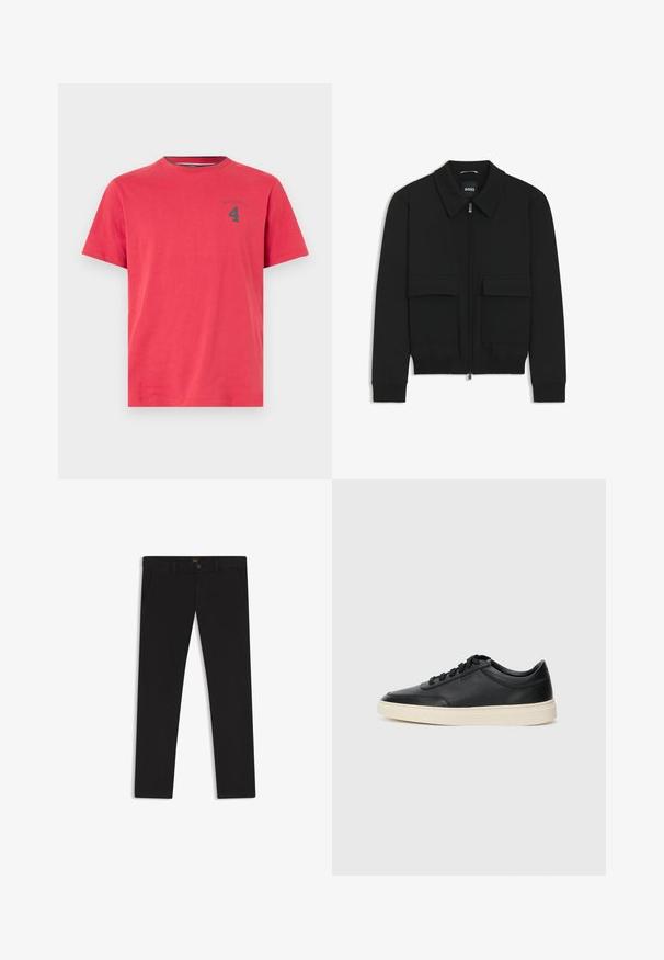 Zwarte bomberjack met een kraag, rits aan de voorkant en twee grote klepzakken. Heeft geribde manchetten en onderrand, gemaakt van textuurstof.; Rode katoenen T-shirt met ronde hals en korte mouwen. Heeft een klein donker logo en het nummer "4" op de borst gedrukt. Eenvoudig ontwerp.; Zwarte broek van stof met een gladde textuur. Bevat een knoopsluiting, riemlussen en zijzakken. Standaard straight-leg ontwerp.; Zwarte leren sneaker met lage schacht, zwarte veters en off-white zool, weergegeven in zijprofiel op een witte achtergrond.