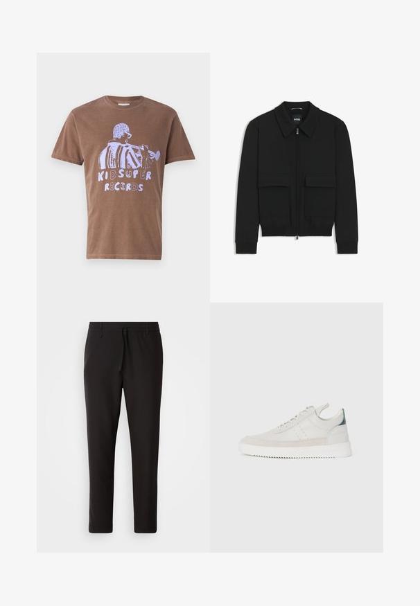 Chaqueta bomber negra con cuello tipo camisa, cierre frontal de cremallera y dos grandes bolsillos con solapa. Presenta puños ribeteados y dobladillo, confeccionada en tela texturizada.; Camiseta de algodón marrón de manga corta con un gráfico blanco de un músico tocando la trompeta y el texto "KID SUPER RECORDS."; Pantalones de chándal negros de tejido suave. Cuentan con una cintura elástica con cordón, piernas ajustadas y sin bolsillos visibles. Diseño sencillo.; Zapatillas de cuero blancas con acentos de ante gris, diseño con cordones, asa de tirón y suela de goma texturizada con un patrón en zigzag.