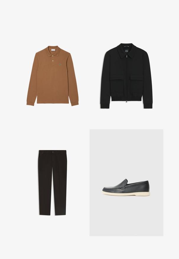 Svart bomberjacka med krage, dragkedja framtill och två stora klafffickor. Har ribbade mudd och nederkant, tillverkad av strukturerad tyg.; Brun långärmad polo skjorta i bomull, med två knappar vid kragen och en grön krokodil-logotyp på vänster bröst.; Svarta byxor med rak ben-design, tillverkade av ett glatt tyg. Har en knappstängning och framfickor. Inga synliga mönster eller dekorationer.; Svarta läder slip-on loafers med en texturerad yta och en kontrasterande beige gummisula. Har en subtil accent längs fram.