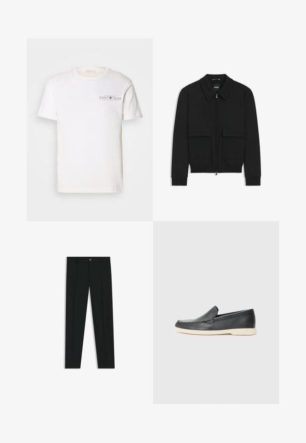 Veste bomber noire avec col, fermeture éclair à l'avant et deux grandes poches à rabat. Dotée de poignets et d'un bas côtelés, fabriquée en tissu texturé.; T-shirt en coton blanc avec un col rond, des manches courtes et un logo imprimé. Présente un design minimaliste et une coupe décontractée.; Pantalons noirs avec une coupe droite, fabriqués en tissu lisse. Présente une fermeture éclair à l'avant et des passants de ceinture. Unis sans motifs.; Mocassins noirs en cuir à enfiler avec une finition texturée et une semelle en caoutchouc beige contrastante. Présente un accent subtil sur le devant.