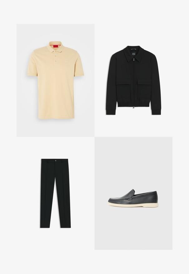 Zwarte bomberjack met een kraag, rits aan de voorkant en twee grote klepzakken. Heeft geribde manchetten en onderrand, gemaakt van textuurstof.; Beige poloshirt van katoen met een kraag, knoopsluiting met twee knopen en geborduurd "HUGO"-logo op de borst. Glad textuur.; Zwarte dresspants met een recht pasvorm, gemaakt van een gladde stof. Heeft een sluiting met een knoop aan de voorkant en ceintuurlussen. Effen zonder patronen.; Zwarte leren instappers met een gestructureerde afwerking en een contrasterende beige rubberen zool. Beschikt over een subtiele accent langs de voorkant.