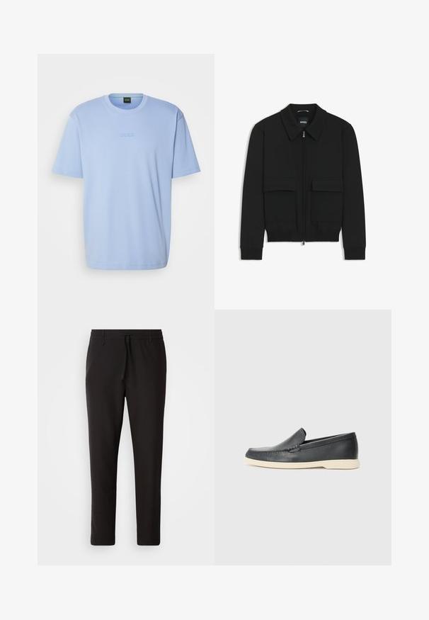Black bomber jacket with a collared neck, zip front, and two large flap pockets. Features ribbed cuffs and hem, made of textured fabric.; BOSS TEE - Basic T-shirt - open blue; Black jogger pants made of smooth fabric. Feature an elastic waistband with a drawstring, tapered legs, and no visible pockets. Simple design.; Black leather slip-on loafers with a textured finish and a contrasting beige rubber sole. Features a subtle accent along the front.