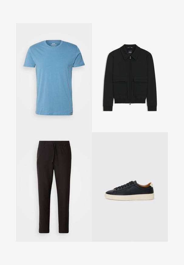 Sort bomberjakke med krave, lynlås foran og to store klaplommer. Har ribbede manchetter og bund, lavet af struktureret stof.; Mads Nørgaard THOR TEE - T-shirts basic - captain`s blue; Sorte joggebukser lavet af glat stof. Har en elastisk talje med snor, tætsiddende ben og ingen synlige lommer. Enkel design.; Sorte lædersneakers med en glat overflade, beige gummisål, snørebåndsdesign og en kontrastfarvet hæl.