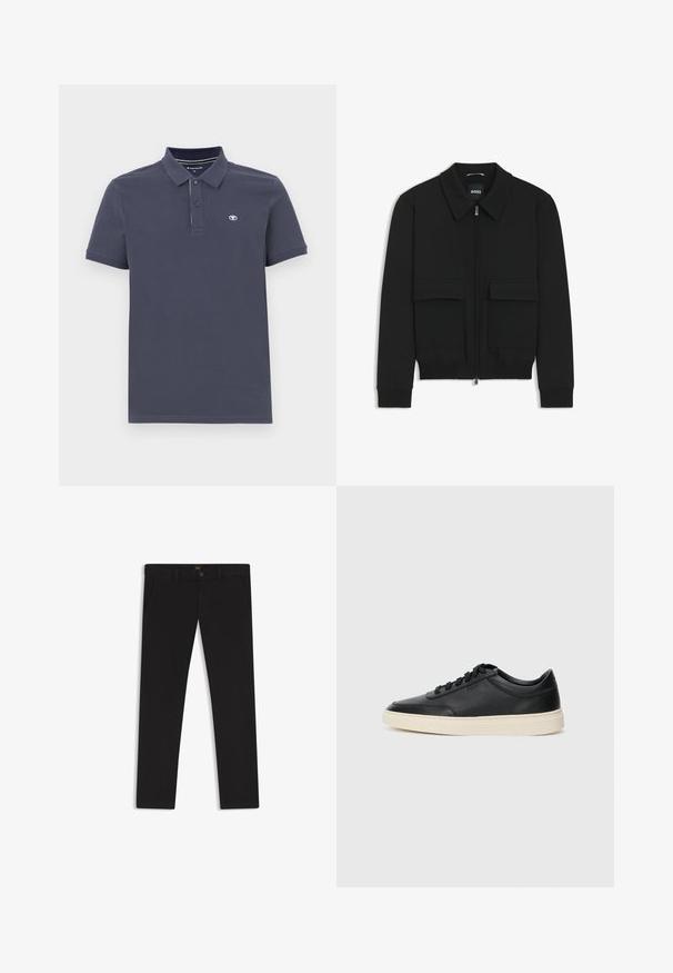 Giacca bomber nera con colletto, chiusura a zip frontale e due grandi tasche con patta. Presenta polsini e orlo a costine, realizzata in tessuto testurizzato.; Polo shirt navy in misto cotone con colletto a due bottoni, maniche corte e un piccolo logo ricamato sul lato sinistro del petto.; Pantaloni neri realizzati in tessuto con una superficie liscia. Presentano una chiusura con bottone, passanti per cintura e tasche laterali. Design a gamba dritta standard.; Sneaker in pelle nera a basso profilo con lacci neri e suola avorio, mostrato di profilo su sfondo bianco.