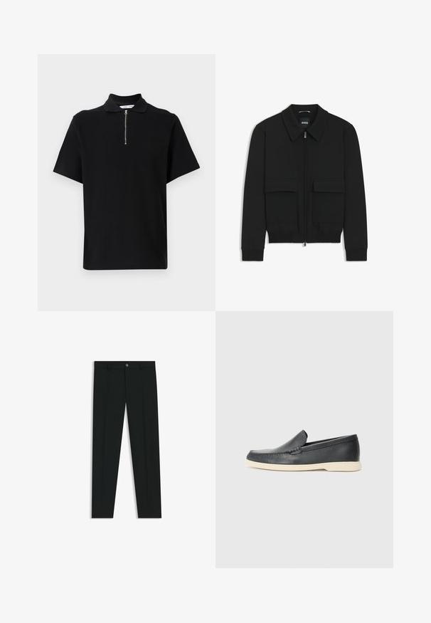 Sort bomberjakke med krave, lynlås foran og to store klaplommer. Har ribbede manchetter og bund, lavet af struktureret stof.; Sort kortærmet polo skjorte lavet af blødt stof, med en lynlåslukning i kraven og et rent, minimalistisk design uden ekstra mønstre.; Sorte dressbukser med lige ben-design, lavet af glat stof. Har en frontlukning med knap og bæltestropper. Enkle uden mønstre.; Sorte læder slip-on loafers med en struktureret overflade og en kontrasterende beige gummisål. Har en subtil detalje langs forsiden.