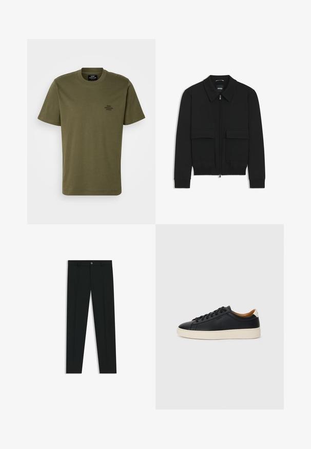Black bomber jacket with a collared neck, zip front, and two large flap pockets. Features ribbed cuffs and hem, made of textured fabric.; Olive green short-sleeve T-shirt made of cotton, featuring a round neckline and a small embroidered logo on the left chest. Smooth texture.; Black dress pants with a straight-leg design, made of smooth fabric. Features a front button closure and belt loops. Plain without patterns.; Black leather sneakers with a smooth texture, beige rubber sole, lace-up design, and a contrasting heel accent.