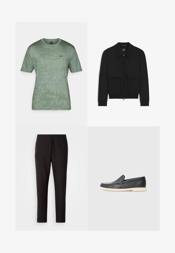 Black bomber jacket with a collared neck, zip front, and two large flap pockets. Features ribbed cuffs and hem, made of textured fabric.; Green short-sleeve t-shirt made from smooth fabric, featuring a grid pattern and a black "BOSS" logo on the left chest area.; Black jogger pants made of smooth fabric. Feature an elastic waistband with a drawstring, tapered legs, and no visible pockets. Simple design.; Black leather slip-on loafers with a textured finish and a contrasting beige rubber sole. Features a subtle accent along the front.