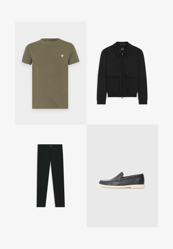 Zwarte bomberjack met een kraag, rits aan de voorkant en twee grote klepzakken. Heeft geribde manchetten en onderrand, gemaakt van textuurstof.; Olijfgroene t-shirt met korte mouwen van katoen, met een klein driehoekig logo in rood en wit op de linkerkant van de borst.; Zwarte dresspants met een recht pasvorm, gemaakt van een gladde stof. Heeft een sluiting met een knoop aan de voorkant en ceintuurlussen. Effen zonder patronen.; Zwarte leren instappers met een gestructureerde afwerking en een contrasterende beige rubberen zool. Beschikt over een subtiele accent langs de voorkant.