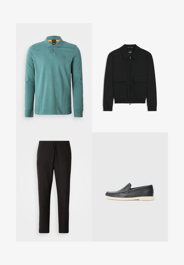 Zwarte bomberjack met een kraag, rits aan de voorkant en twee grote klepzakken. Heeft geribde manchetten en onderrand, gemaakt van textuurstof.; Polo-shirt met lange mouwen in teal katoen. Voorzien van een kraag, twee knopen en een klein logopatch op de linkerborst.; Zwarte joggingsbroek van gladde stof. Kenmerkt zich door een elastische tailleband met een trekkoord, taps toelopende benen en geen zichtbare zakken. Eenvoudig ontwerp.; Zwarte leren instappers met een gestructureerde afwerking en een contrasterende beige rubberen zool. Beschikt over een subtiele accent langs de voorkant.