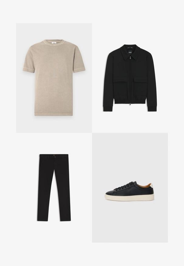 Chaqueta bomber negra con cuello tipo camisa, cierre frontal de cremallera y dos grandes bolsillos con solapa. Presenta puños ribeteados y dobladillo, confeccionada en tela texturizada.; Camiseta de algodón beige con mangas cortas y cuello redondo. Presenta costuras visibles a lo largo de las mangas y el dobladillo. Textura simple y lisa.; Pantalones negros de tela con una textura suave. Cuentan con cierre de botón, trabillas para cinturón y bolsillos laterales. Diseño de pierna recta estándar.; Zapatillas negras de cuero con una textura suave, suela de goma beige, diseño de cordones y un acento en el talón de color contrastante.