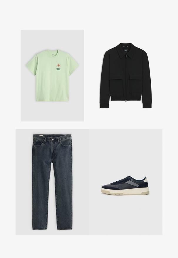 Sort bomberjakke med krave, lynlås foran og to store klaplommer. Har ribbede manchetter og bund, lavet af struktureret stof.; Lys grøn bomulds t-shirt, korte ærmer, rund hals. Har et solgrafik i lys orange og et grønt Levi's logo på venstre bryst.; Mørkeblå denimjeans med lige ben-design, fem lommer og knap-lynlås. Stoffet viser en subtil falmning og tekstur.; BOSS BALTIMORE - Sneakers - open blue