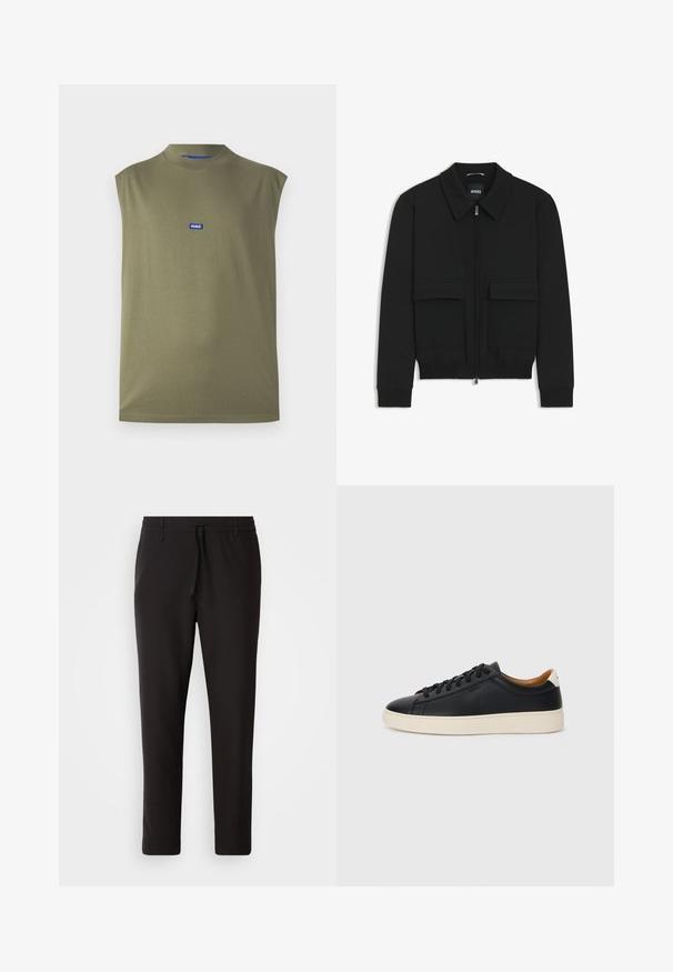 Chaqueta bomber negra con cuello tipo camisa, cierre frontal de cremallera y dos grandes bolsillos con solapa. Presenta puños ribeteados y dobladillo, confeccionada en tela texturizada.; Top sin mangas de color verde olivo hecho de tela suave, con un cuello alto y un logo azul de HUGO en el pecho. Textura lisa, diseño minimalista.; Pantalones de chándal negros de tejido suave. Cuentan con una cintura elástica con cordón, piernas ajustadas y sin bolsillos visibles. Diseño sencillo.; Zapatillas negras de cuero con una textura suave, suela de goma beige, diseño de cordones y un acento en el talón de color contrastante.