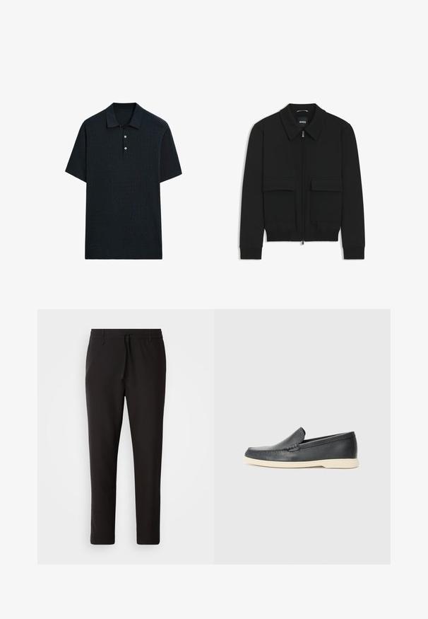 Zwarte bomberjack met een kraag, rits aan de voorkant en twee grote klepzakken. Heeft geribde manchetten en onderrand, gemaakt van textuurstof.; Donker marineblauw polo shirt met korte mouwen van gemêleerd breisel, voorzien van een kraag en een drieknoopsluiting, met een rechte zoom.; Zwarte joggingsbroek van gladde stof. Kenmerkt zich door een elastische tailleband met een trekkoord, taps toelopende benen en geen zichtbare zakken. Eenvoudig ontwerp.; Zwarte leren instappers met een gestructureerde afwerking en een contrasterende beige rubberen zool. Beschikt over een subtiele accent langs de voorkant.