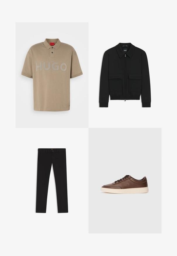 Chaqueta bomber negra con cuello tipo camisa, cierre frontal de cremallera y dos grandes bolsillos con solapa. Presenta puños ribeteados y dobladillo, confeccionada en tela texturizada.; Camisa polo beige con cuello, mangas cortas y un gran logo gris "HUGO" en la parte frontal. Presenta una tapeta de dos botones.; Pantalones negros de tela con una textura suave. Cuentan con cierre de botón, trabillas para cinturón y bolsillos laterales. Diseño de pierna recta estándar.; Zapatillas deportivas de cuero marrón con un acabado suave, punta redonda y suela de goma color crema. Presentan cordones negros y un sutil logotipo en el lateral.