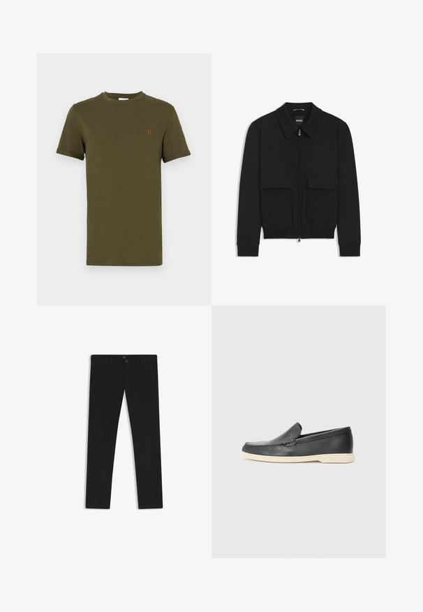 Black bomber jacket with a collared neck, zip front, and two large flap pockets. Features ribbed cuffs and hem, made of textured fabric.; Olive green cotton t-shirt with short sleeves, crew neck, and small orange embroidered "II" detail on the chest. Smooth texture, basic design.; Black trousers made of fabric with a smooth texture. Features a button closure, belt loops, and side pockets. Standard straight-leg design.; Black leather slip-on loafers with a textured finish and a contrasting beige rubber sole. Features a subtle accent along the front.