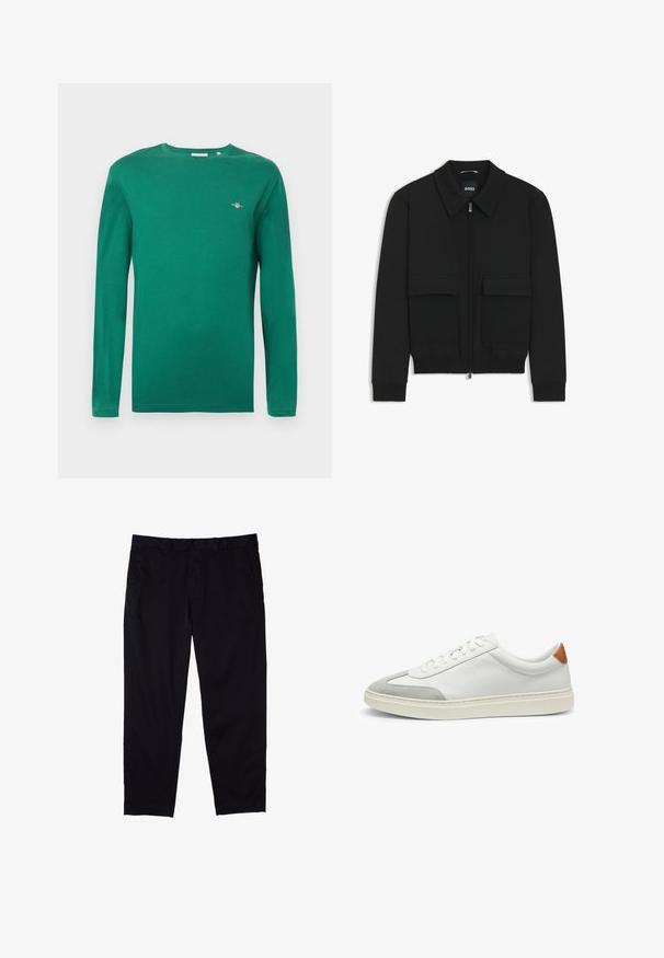 Chaqueta bomber negra con cuello tipo camisa, cierre frontal de cremallera y dos grandes bolsillos con solapa. Presenta puños ribeteados y dobladillo, confeccionada en tela texturizada.; Camiseta de manga larga en algodón verde vibrante; presenta un cuello redondo y un pequeño logo bordado en el pecho; textura suave, ajuste casual.; Pantalones negros de algodón con diseño de pierna recta, que cuentan con cierre de botón, bolsillos laterales y una textura suave.; Zapatillas de cuero blanco con acentos de ante gris y un refuerzo de cuero marrón claro en el talón. Presentan una superficie texturizada y una suela ligera.