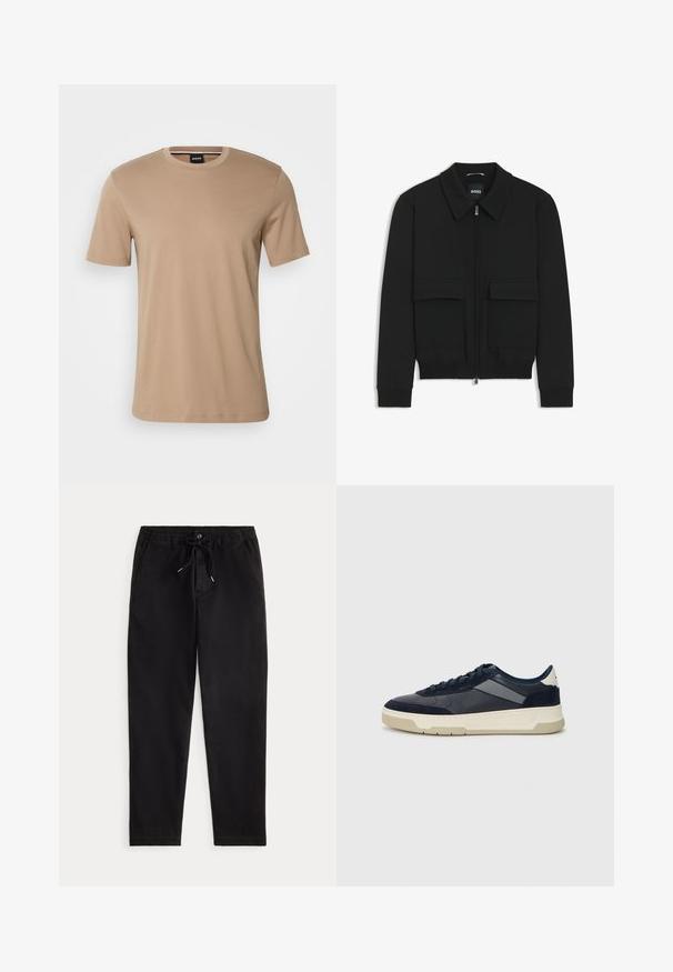 Zwarte bomberjack met een kraag, rits aan de voorkant en twee grote klepzakken. Heeft geribde manchetten en onderrand, gemaakt van textuurstof.; Beige t-shirt met korte mouwen van soepel katoen, voorzien van een ronde hals en een subtiele merklogo op de borst. Eenvoudig en minimalistisch ontwerp.; Zwarte casual broek met elastische tailleband, trekkoord, knoop aan de voorkant en zijzakken, afgebeeld op een effen achtergrond.; BOSS BALTIMORE - Sneakers laag - open blue