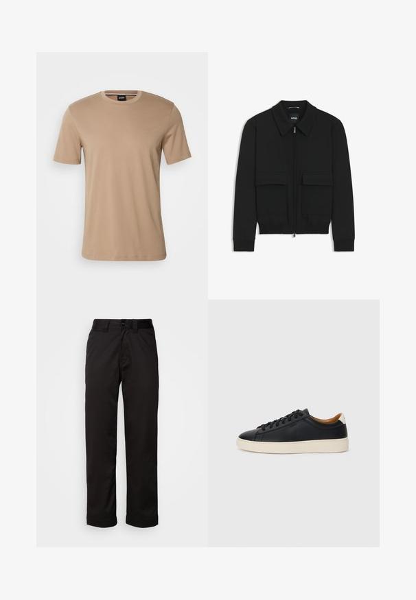 Sort bomberjakke med krave, lynlås foran og to store klaplommer. Har ribbede manchetter og bund, lavet af struktureret stof.; Beige kortærmet t-shirt lavet af glat bomuld, med rund hals og subtilt brandlogo på brystet. Enkel og minimalistisk design.; Sorte bukser lavet af glat stof med lynlås, knaplukning og opsmøgede nedenkanter for et afslappet design.; Sorte lædersneakers med en glat overflade, beige gummisål, snørebåndsdesign og en kontrastfarvet hæl.
