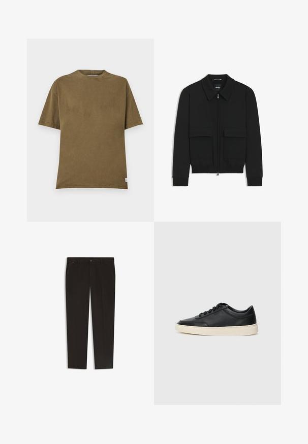 Giacca bomber nera con colletto, chiusura a zip frontale e due grandi tasche con patta. Presenta polsini e orlo a costine, realizzata in tessuto testurizzato.; T-shirt in cotone verde oliva con collo rotondo, maniche corte e vestibilità rilassata. Presenta linee pulite e un piccolo etichetta all'orlo.; Pantaloni neri con un design a gamba dritta, realizzati in un tessuto liscio. Presentano una chiusura con bottone e tasche frontali. Senza motivi o accenti visibili.; Sneaker in pelle nera a basso profilo con lacci neri e suola avorio, mostrato di profilo su sfondo bianco.