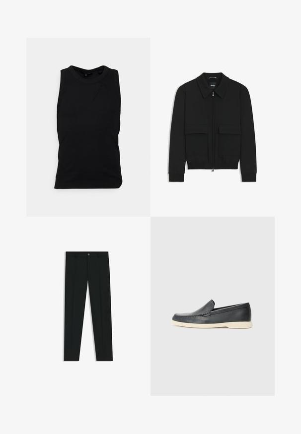 Black bomber jacket with a collared neck, zip front, and two large flap pockets. Features ribbed cuffs and hem, made of textured fabric.; Black sleeveless top made of cotton blend fabric, featuring a round neckline and a subtle seam detail on the front. Smooth texture.; Black dress pants with a straight-leg design, made of smooth fabric. Features a front button closure and belt loops. Plain without patterns.; Black leather slip-on loafers with a textured finish and a contrasting beige rubber sole. Features a subtle accent along the front.