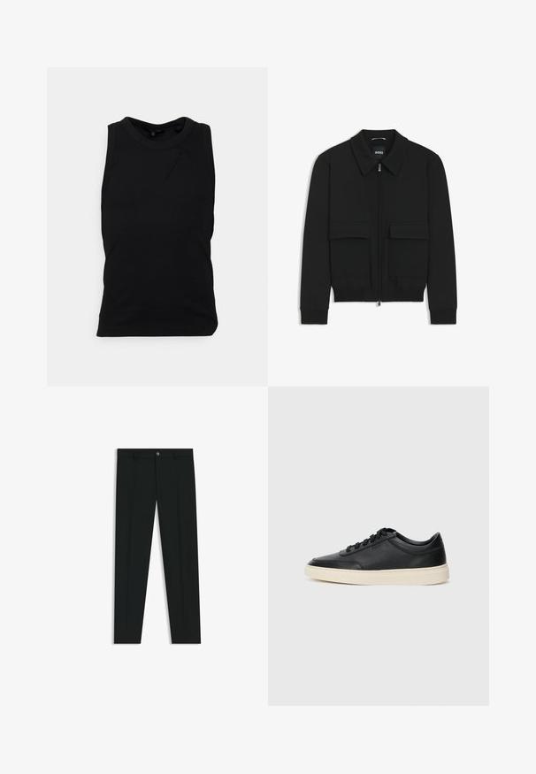 Black bomber jacket with a collared neck, zip front, and two large flap pockets. Features ribbed cuffs and hem, made of textured fabric.; Black sleeveless top made of cotton blend fabric, featuring a round neckline and a subtle seam detail on the front. Smooth texture.; Black dress pants with a straight-leg design, made of smooth fabric. Features a front button closure and belt loops. Plain without patterns.; Black low-top leather sneaker with black laces and off-white sole shown in side profile on white background.