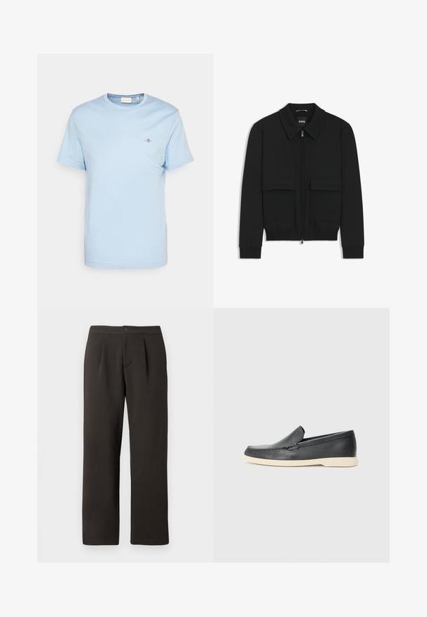 Zwarte bomberjack met een kraag, rits aan de voorkant en twee grote klepzakken. Heeft geribde manchetten en onderrand, gemaakt van textuurstof.; Lichtblauw katoen T-shirt met ronde hals, korte mouwen en een klein geborduurd logo op de borst. Heren, standaard pasvorm.; Donkerbruine, rechte broek met een platte voorkant, twee plooien en een knoopsluiting. Gemaakt van een gladde stof met een lichte textuur.; Zwarte leren instappers met een gestructureerde afwerking en een contrasterende beige rubberen zool. Beschikt over een subtiele accent langs de voorkant.