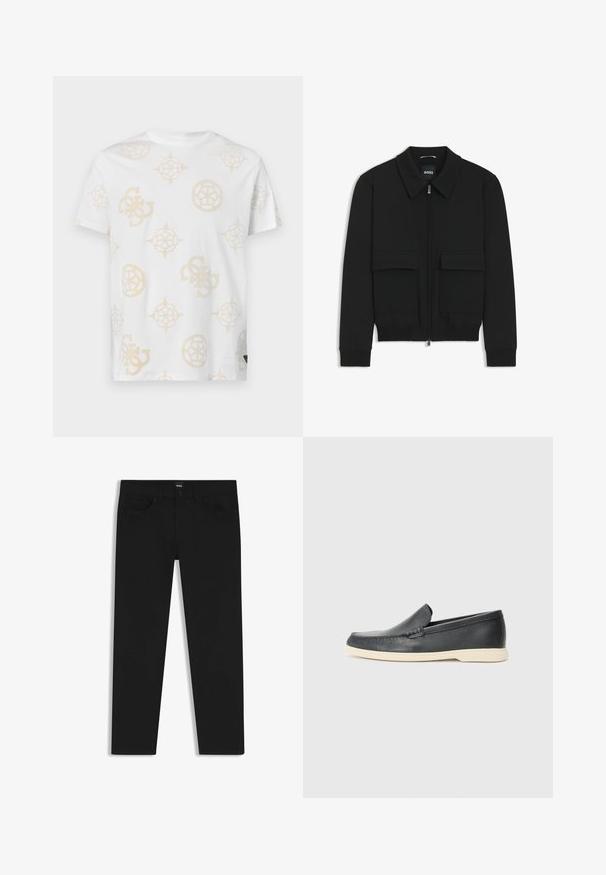 Schwarze Bikerjacke mit Kragen, Reißverschluss vorne und zwei großen Taschen mit Klappen. Mit Rippstrickbündchen und Saum, aus strukturiertem Stoff gefertigt.; Weißes Baumwoll-T-Shirt mit einem hellbeigen abstrakten Muster, das verschiedene geometrische Formen und Logos zeigt. Rundhals und kurze Ärmel.; Schwarze Denim-Hosen mit geradem Schnitt, ausgestattet mit einem Standardbund, fünf Taschen und einem Knopfverschluss. Angenehme, glatte Textur.; Schwarze Leder-Slipper mit strukturiertem Finish und einer kontrastierenden beige Gummisohle. Mit einem dezenten Akzent an der Vorderseite.
