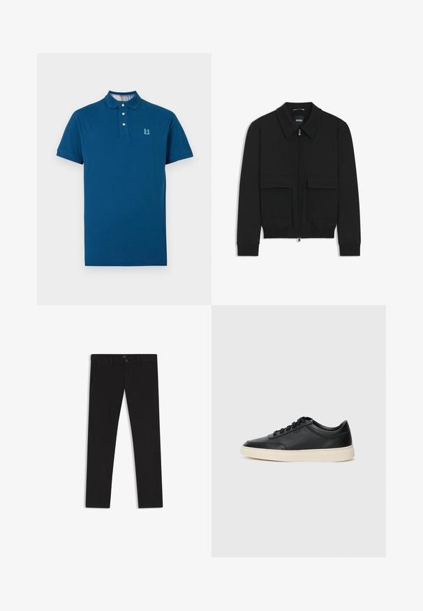 Black bomber jacket with a collared neck, zip front, and two large flap pockets. Features ribbed cuffs and hem, made of textured fabric.; Navy blue polo shirt made of cotton, featuring a three-button placket, short sleeves, and a textured surface with a subtle logo.; Black trousers made of fabric with a smooth texture. Features a button closure, belt loops, and side pockets. Standard straight-leg design.; Black low-top leather sneaker with black laces and off-white sole shown in side profile on white background.