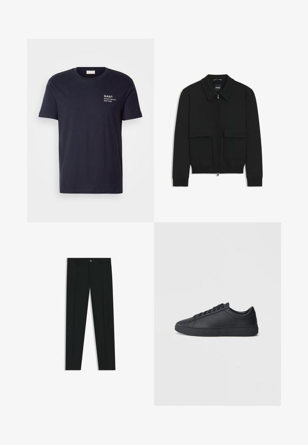 Svart bomberjacka med krage, dragkedja framtill och två stora klafffickor. Har ribbade mudd och nederkant, tillverkad av strukturerad tyg.; Marinblå bomulls t-shirt med korta ärmar, rundad hals och vittryckt text: "GANT 32 EAST 39TH ST. NEW YORK" på bröstet.; Svarta dressbyxor med rak bendesign, gjorda av ett mjukt tyg. Har stängning med frontknapp och bälteshällor. Enfärgade utan mönster.; Svarta sneakers i slätt läder med låg design, rund tå och platt gummisula. Har snörning och subtil branding.