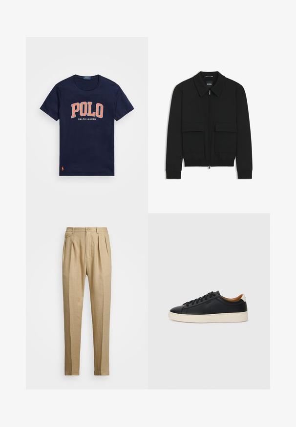 Black bomber jacket with a collared neck, zip front, and two large flap pockets. Features ribbed cuffs and hem, made of textured fabric.; Navy cotton t-shirt with a round neckline. Features large "POLO" graphic in orange and "RALPH LAUREN" text below. Small logo accent on hem.; Beige linen trousers with a straight cut, featuring two front pleats, a button closure, and side pockets. Textured fabric with a smooth finish.; Black leather sneakers with a smooth texture, beige rubber sole, lace-up design, and a contrasting heel accent.