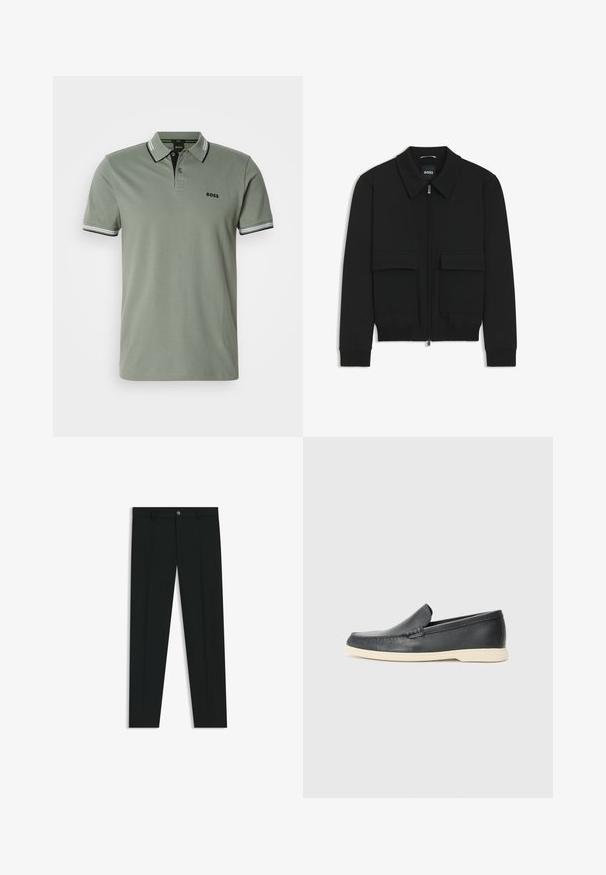 Zwarte bomberjack met een kraag, rits aan de voorkant en twee grote klepzakken. Heeft geribde manchetten en onderrand, gemaakt van textuurstof.; Lichtgroen polo-shirt met korte mouwen, twee knopen, gestreepte kraag en manchetten, en het "BOSS"-logo op de linkerborst.; Zwarte dresspants met een recht pasvorm, gemaakt van een gladde stof. Heeft een sluiting met een knoop aan de voorkant en ceintuurlussen. Effen zonder patronen.; Zwarte leren instappers met een gestructureerde afwerking en een contrasterende beige rubberen zool. Beschikt over een subtiele accent langs de voorkant.