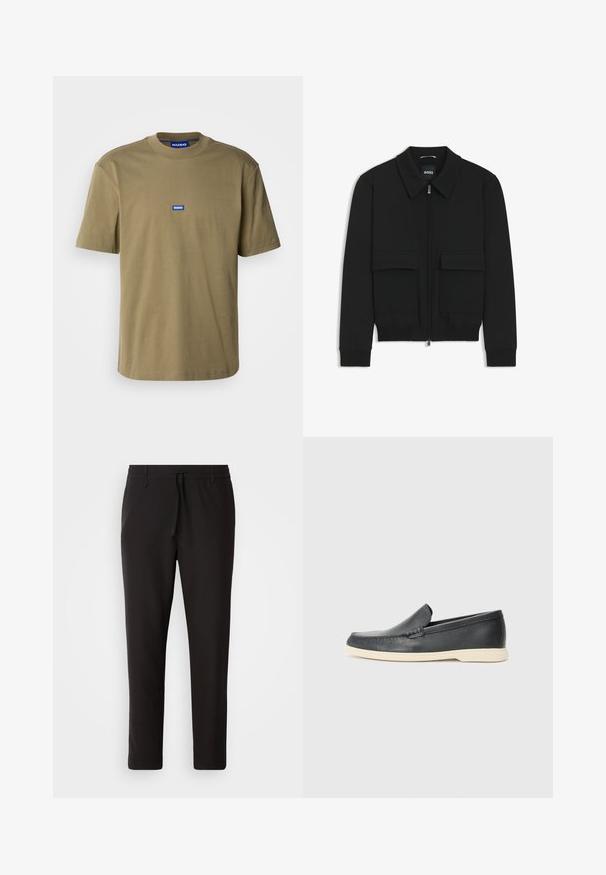 Zwarte bomberjack met een kraag, rits aan de voorkant en twee grote klepzakken. Heeft geribde manchetten en onderrand, gemaakt van textuurstof.; Olijfgroene katoenen t-shirt, ronde hals, korte mouwen, met een blauw rechthoekig logo met "HUGO" op de voorkant, gladde textuur.; Zwarte joggingsbroek van gladde stof. Kenmerkt zich door een elastische tailleband met een trekkoord, taps toelopende benen en geen zichtbare zakken. Eenvoudig ontwerp.; Zwarte leren instappers met een gestructureerde afwerking en een contrasterende beige rubberen zool. Beschikt over een subtiele accent langs de voorkant.