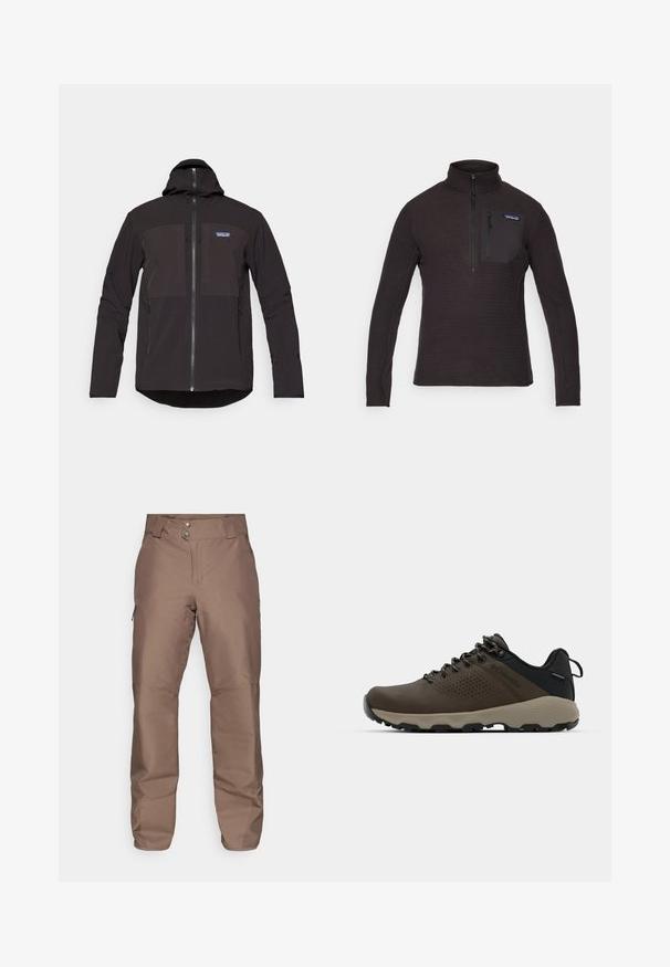 Black hooded jacket featuring a zip closure, two front zip pockets, textured fabric, and a logo patch on the left chest area.; Black fleece pullover with a high collar, half-zip front, and a zippered chest pocket. Features a textured pattern and long sleeves.; Brown outdoor pants with a smooth texture, two button closures, and side zippers for pockets. Features reinforced knee areas for durability.; Brown waterproof sneakers with a textured upper, perforated accents, black heel support, and a grey rubber sole. Laces are styled with metallic ends.