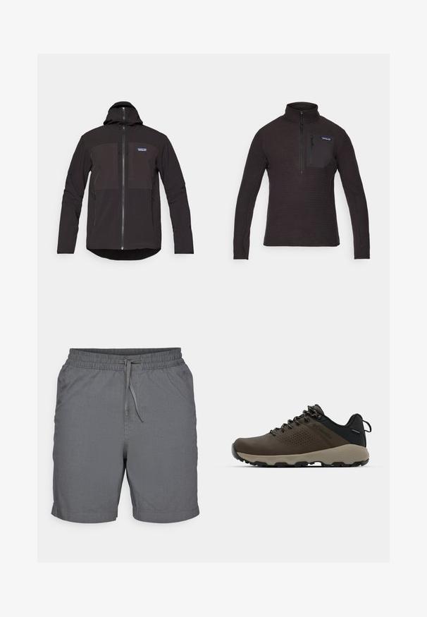 Juoda gobtuvinė striukė su užtrauktuku, dviem priekinėm užtrauktuko kišenėm, tekstūruota medžiaga ir logotipo pleistru kairėje krūtinės pusėje.; Juodas polaris su dideliu apykakle, pusiau užtrauktuku priekyje ir užtrauktuku užsegama krūtine. Yra tekstūrinis raštas ir ilgomis rankovėmis.; Gri shortsai pagaminti iš lengvos medžiagos, su elastinga juosmena ir raišteliu. Turi lygią tekstūrą ir yra iki kelių ilgio.; Rudi nepralaidūs sportbačiai su tekstūruota viršutine dalimi, perforuotomis detalėmis, juodu kulno palaikymu ir pilku guminio padu. Šniūreliai yra dekoruoti metaliniais galais.