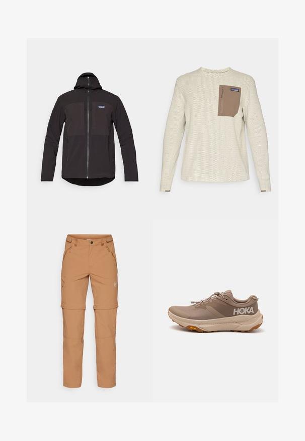 Μαύρο ζακέτο με κουκούλα που διαθέτει κλείσιμο με φερμουάρ, δύο μπροστινές τσέπες με φερμουάρ, υφασμάτινη υφή και λογότυπο στο αριστερό μέρος του στήθους.; Ανοιχτό κρεμ χρώματος μακρυμάνικο πουκάμισο με υφή σε ζιγκ-ζαγκ σχέδιο. Διαθέτει μια καφέ μπροστινή τσέπη με φερμουάρ και λογότυπο.; Mammut RUNBOLD ZIP OFF PANTS MEN - Παντελόνι εξωτερικού χώρου - claystone; Φωτεινά μπεζ αθλητικά παπούτσια με υφή στη πάνω επιφάνεια, καουτσούκ σόλα και λογότυπο HOKA. Διαθέτουν ελαστικά κορδόνια και ενισχυμένη φτέρνα για σταθερότητα.