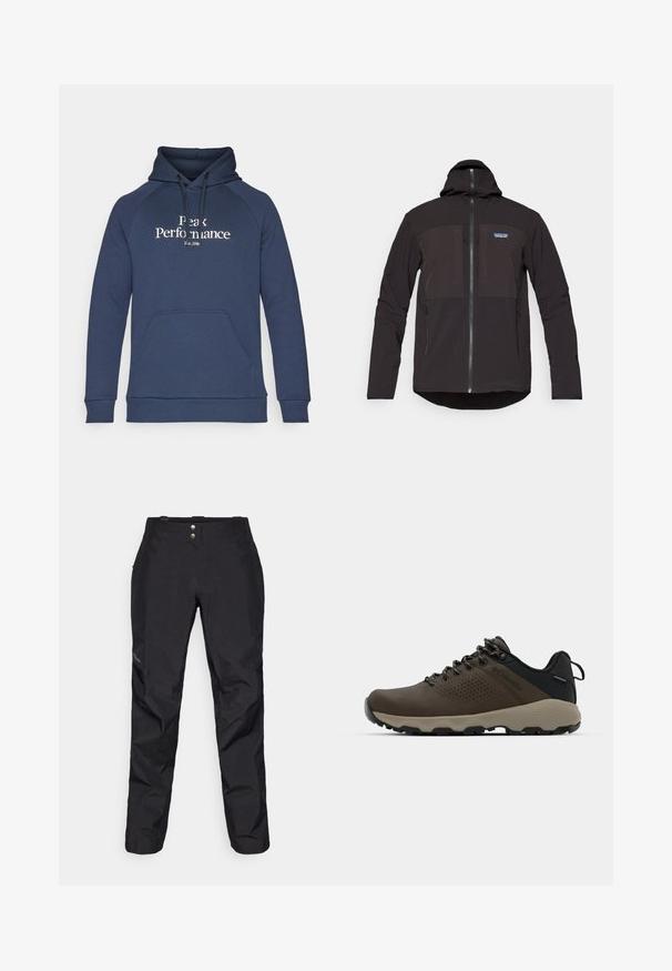 Veste à capuche noire avec fermeture éclair, deux poches zippées à l'avant, tissu texturé et un patch logo sur la poitrine gauche.; Hoodie bleu marine avec une poche kangourou à l'avant, un capuchon avec cordon de serrage, et le texte blanc "Peak Performance". Fabriqué en tissu doux avec des poignets côtelés.; Pantalons noirs imperméables avec une texture lisse, dotés de deux boutons à l'avant et d'un design de jambe fuselée. Accentués par un logo sur le côté.; Baskets imperméables marron avec une tige texturée, des accents perforés, un support de talon noir et une semelle en caoutchouc grise. Les lacets sont ornés d'embouts métalliques.