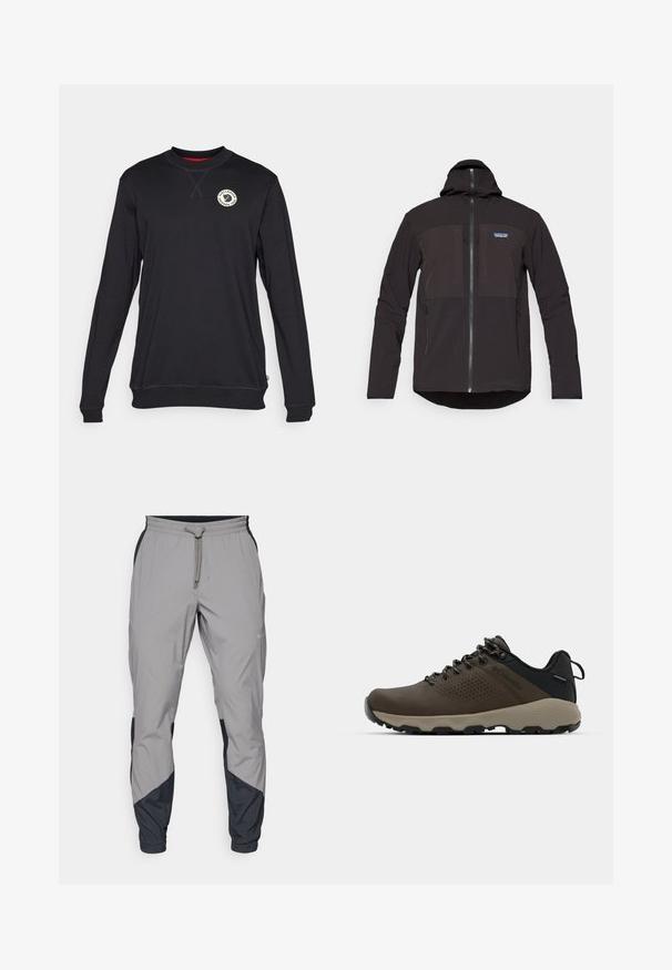 Černá kapucňová bunda s zipovým uzávěrem, dvěma předními zipovými kapsami, strukturovanou tkaninou a logem na levé části hrudi.; Černá mikina s dlouhým rukávem a kulatým výstřihem, s logem na hrudi, žebrovanými manžetami a jednolitou texturou. Červený detail na vnitřní straně límce.; Lehké šedé sportovní kalhoty s černými detaily. Elastický pas, stahovací šňůrka, tapered nohavice a boční kapsy.; Hnědé nepromokavé sneakers s texturovaným svrškem, perforovanými detaily, černým oporou paty a šedou gumovou podrážkou. Šňůrky mají kovové konce.