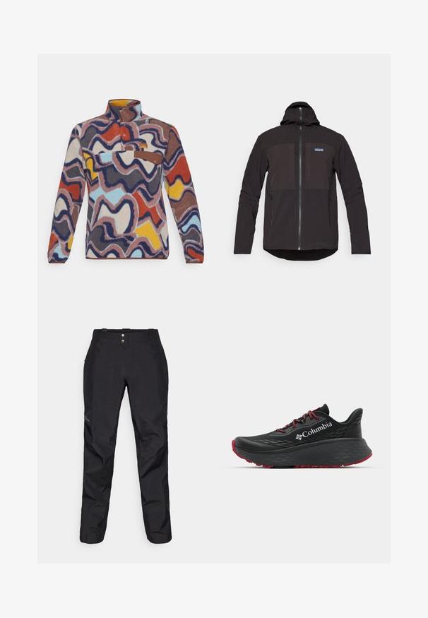 Schwarze Kapuzenjacke mit einem Reißverschluss, zwei vorderen Reißverschlusstaschen, strukturiertem Stoff und einem Logo-Patch auf der linken Brustseite.; Fleece-Pullover mit hohem Kragen, der ein mehrfarbiges wellenförmiges Muster in Rot, Blau, Gelb und Braun aufweist. Braune Akzenttasche mit Knopfverschluss.; Schwarze wasserdichte Hose mit glatter Textur, ausgestattet mit zwei vorderen Knöpfen und schmal zulaufendem Bein-Design. Mit einem Logo an der Seite akzentuiert.; Schwarzer Sportschuh mit strukturiertem Obermaterial, roten Schnürsenkeln und Logo. Dicke Sohle mit strukturiertem Profil für Traktion. Minimalistisches Design, Seitenansicht.