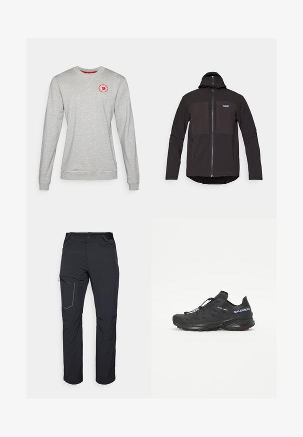 Černá kapucňová bunda s zipovým uzávěrem, dvěma předními zipovými kapsami, strukturovanou tkaninou a logem na levé části hrudi.; Šedá mikina s kulatým výstřihem vyrobená z bavlněné směsi, která má na prsou červené kruhové logo a žebrované manžety na rukávech a spodním lemu.; Černé venkovní kalhoty s kapsou na stehně se zipem, elastickým pasem a hladkým, voděodolným materiálem. Čistý design bez viditelných log.; Černé trailové běžecké boty s texturovaným svrškem, elastickými šňůrkami a podrážkou Contagrip. Mají pevné padnutí a ochrannou špičku.