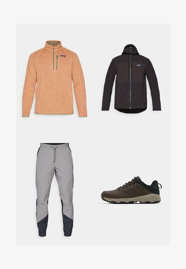 Casaco com capuz preto, apresentando um fecho de zíper, dois bolsos frontais com zíper, tecido texturizado e um patch com o logótipo na área do lado esquerdo do peito.; Pulôver de fleece laranja com colarinho de meia zíper, tecido texturizado e detalhes em verde contrastante ao longo do zíper e da barra. Logótipo da Patagonia no peito.; Calças de treino leves e cinzentas com detalhes pretos. Cintura elástica, fecho com cordão, design de perna afunilada e bolsos laterais.; Ténis impermeáveis castanhos com um upper texturizado, detalhes perfurados, apoio para o calcanhar preto e uma sola de borracha cinza. Os atacadores têm extremidades metálicas.